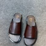Men’s Brown Wide-Strap Slide Sandals with Metal Accent