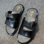 Men’s Black Buckle-Strap Sandals with Geometric Detail